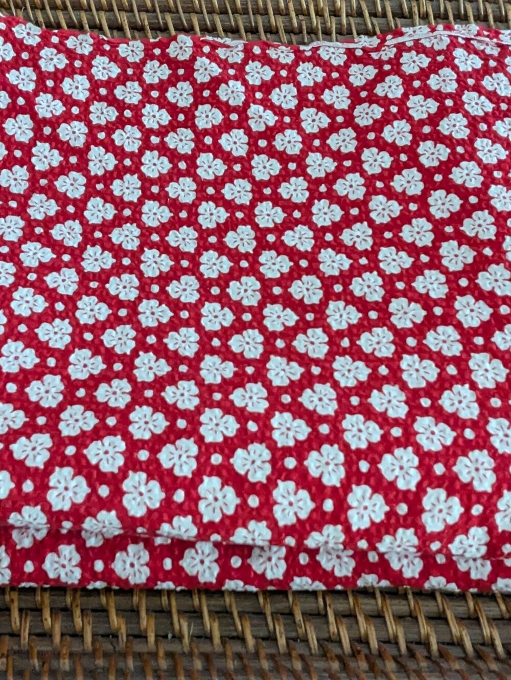 Red & White Floral Cotton "Crinkle" Fabric Remnant - 35" wide x 89" long